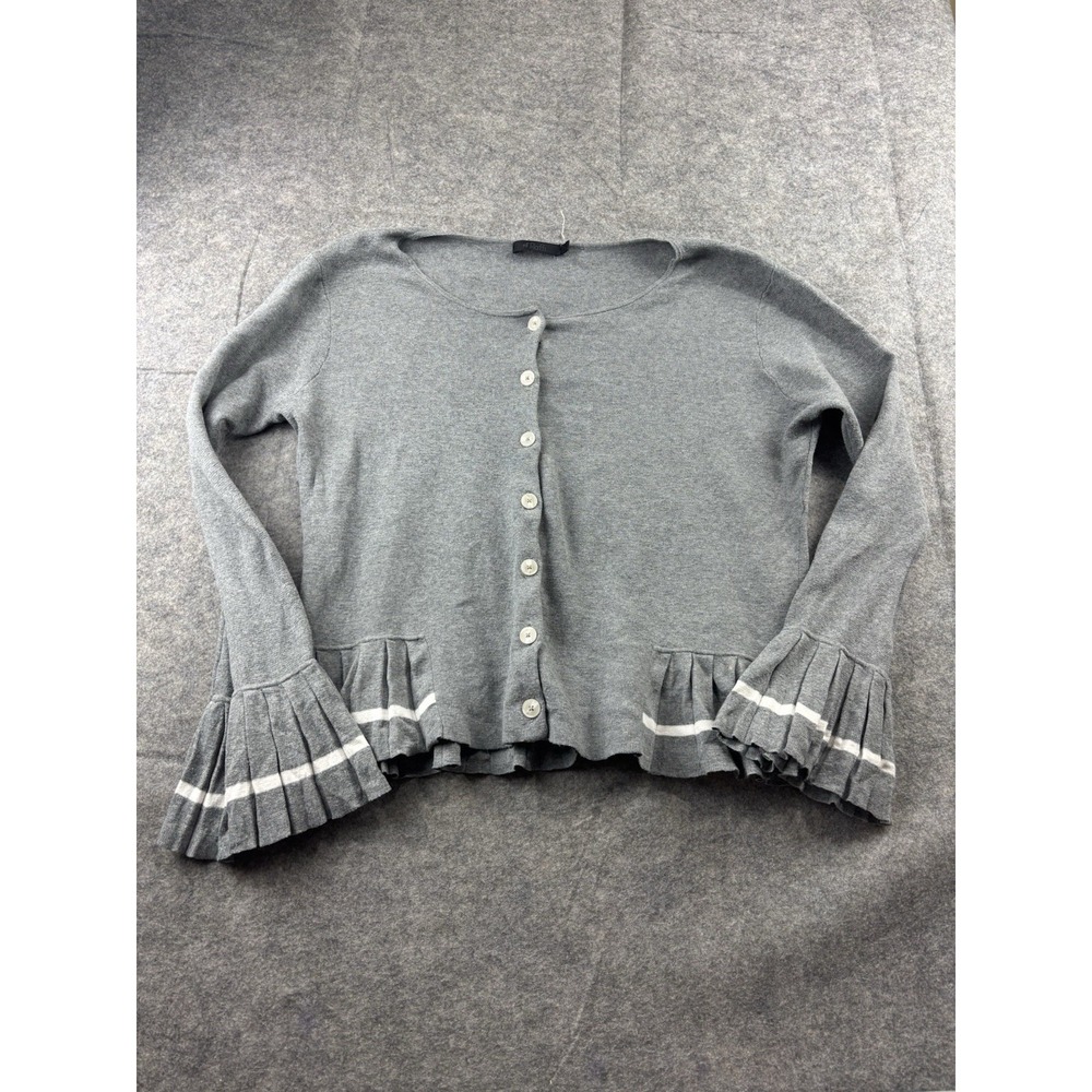 Raffi Women's L Gray Ruffle Cardigan Sweater Preppy Academia Quiet Luxury Cozy